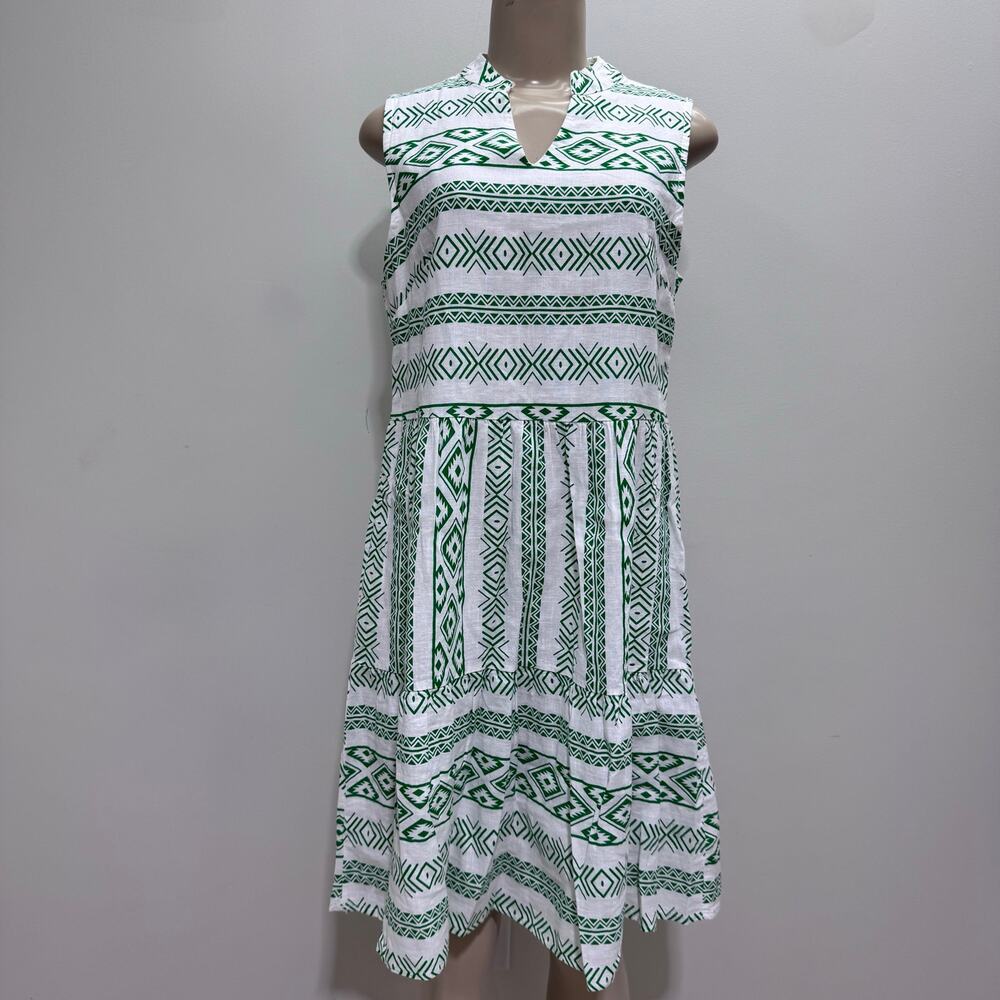 NWT Valentina Naldi Linen Blend Geometric Dress sz S Green White Coastal Resort